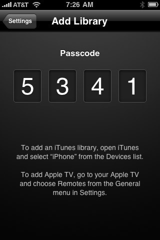 Figure 7. Initialize the iPhone remote connection to you iTunes library with the passcode supplied by iTunes