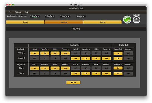 Figure 7. miniDSP 2x8 routing screen