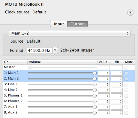 MOTU Microbook output channels