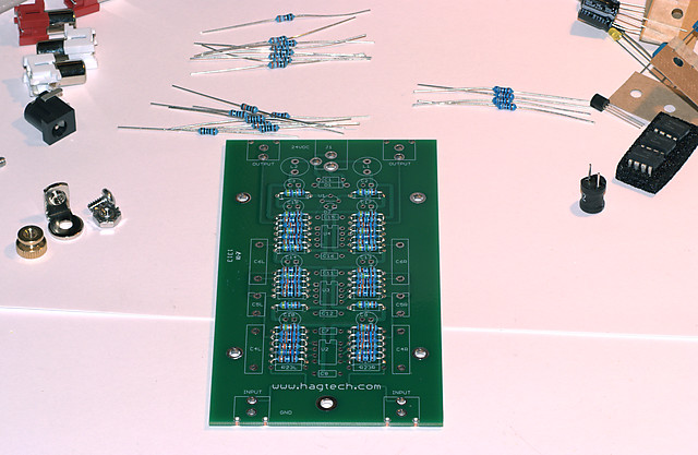 The Bugle 2 circuit board, after loading all resistors